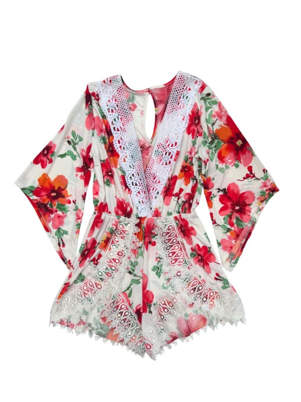 Floral Boho Romper Crochet Lace Trim Kimono Sleeve